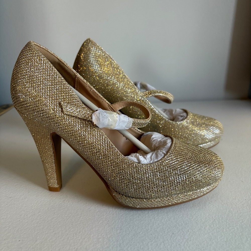 Womens Gold Glitter Mary Jane‎ Heels Platform Chunky Heel Shoes Size 5.5